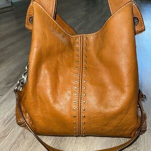 Michael Kors Uptown Astor Silver Studded Sway Shoulder Cognac Leather Bag Purse